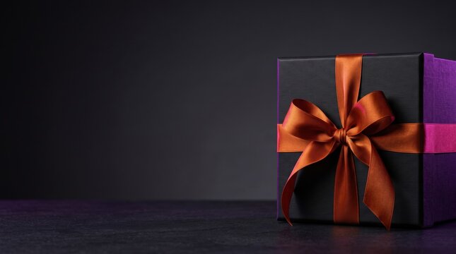 Black gift box with orange ribbon bow on dark background