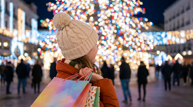 Woman holding shopping bags looking at illuminated christmas tree in city square