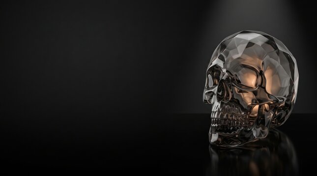 Faceted crystal human skull on dark reflective surface