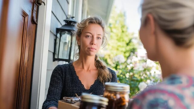 Smiling woman greets her neighbor at the doorstep while exchanging homemade preserves and gifts in a friendly suburban neighborhood. Warm sunlight enhances the welcoming atmosphere