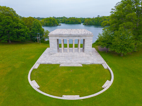 Temple To Music aerial view in Roger Williams Park over Cunliff Lake in summer in city of Providence, Rhode Island RI, USA. 