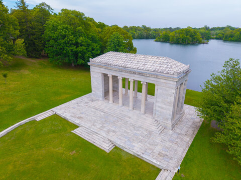 Temple To Music aerial view in Roger Williams Park over Cunliff Lake in summer in city of Providence, Rhode Island RI, USA. 