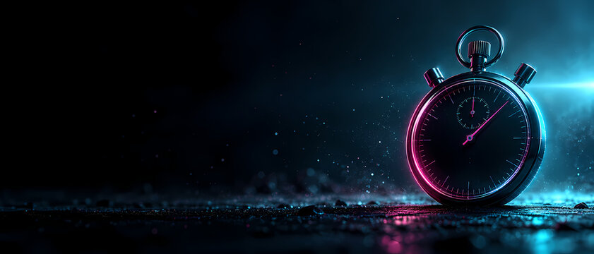 A blue and magenta neon stopwatch stands on a rough dark surface at the right, reflected below and backlit by cyan light, while the wide black space to the left evokes time, speed and anticipation