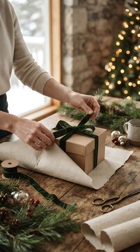 Hands tying green velvet ribbon on gift box during winter holiday season with blurred Christmas tree background