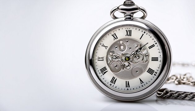 elegant silver pocket watch timepiece classic design on white background