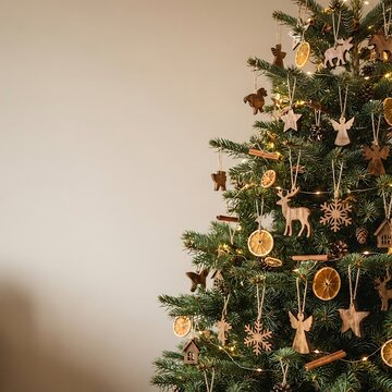 Rustic Christmas tree adorned with natural ornaments during soft warm indoor lighting concept for festive celebration