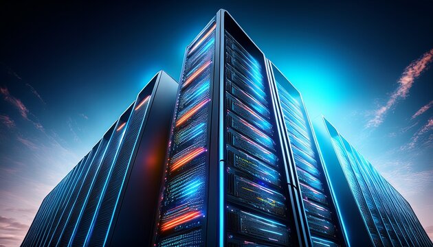 futuristic data center server tower with neon lights in cyber theme