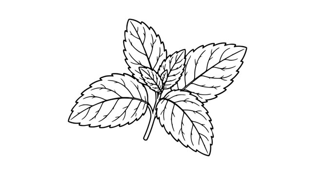 Black line art illustration of a fresh mint sprig with five serrated veined leaves and stem joint drawn with thin precise lines in slightly angled natural composition emphasizing herbal freshness