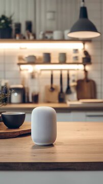 Modern smart speaker placed on a wooden kitchen countertop with blurred background. Contemporary kitchen interior featuring warm lighting and minimalistic design elements
