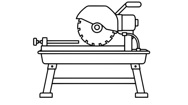 Black outline vector icon of a wet tile saw with toothed round blade, blade guard, guide rail, rectangular tray and angled four-leg stand in frontal view drawn with medium lines in balanced display