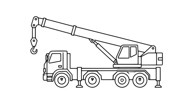 Black outline vector icon of a mobile crane truck with long telescoping boom, hook, cab, four visible wheels and rear outriggers in side view drawn with bold lines for dynamic elongated presentation
