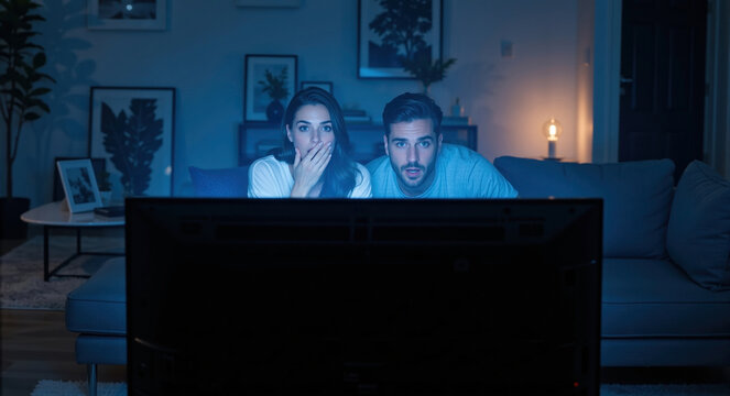 Shocked couple watching TV in a dark living room. Scared man and woman looking at a television screen with blue light reflection. Thriller movie concept