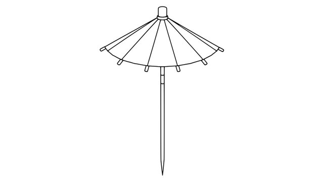 Black outline vector icon of a miniature cocktail parasol with canopy panels and bamboo rib tips on a long pointed pick, drawn with thin black lines in vertical centered composition for party flair
