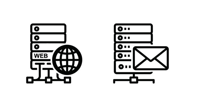 Web server network icon and mail hosting email server icon vector set with data center hosting service server rack cloud server electronic mail