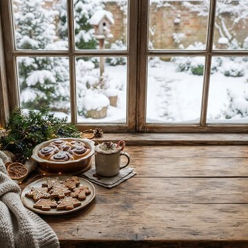 Warm cinnamon rolls and gingerbread cookies on a wooden sill with snowy garden view