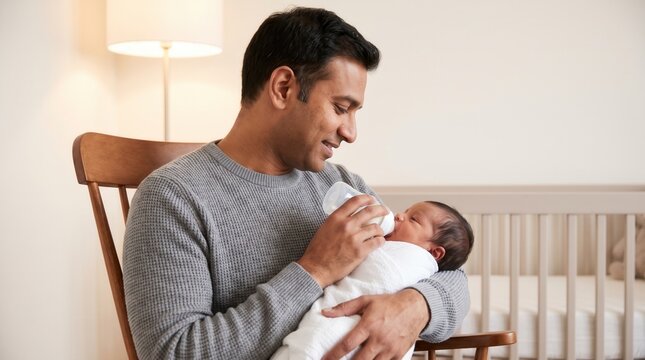 Loving indian father gently feeding swaddled newborn baby with milk bottle in rocking chair at nursery infant care and parenthood concept