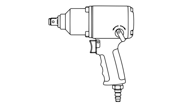 Black outline vector icon of a pneumatic impact wrench with pistol grip, square drive anvil, trigger and side reverse lever drawn with medium lines in side view showing compact fastening equipment