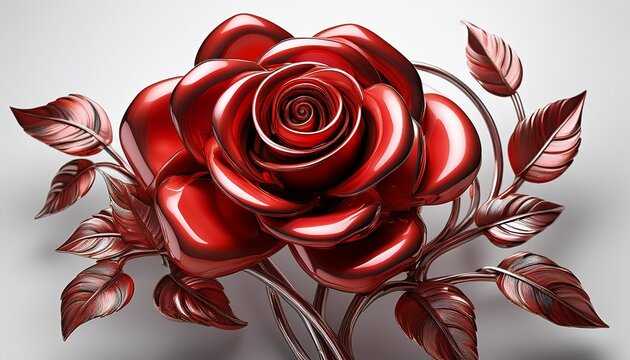 shiny red metal rose sculpture on white background
