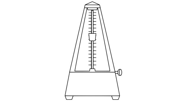 Black outline vector icon of a pyramid metronome with tapered body, graduated scale, sliding pendulum weight and side winding knob drawn in thin crisp lines in frontal symmetric composition