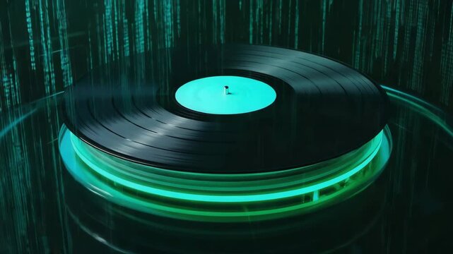 Vinyl record playing on glowing green neon digital matrix background