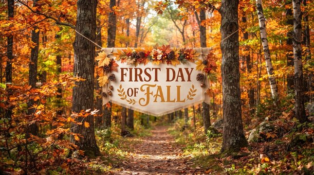 Decorative wood sign saying first day of fall hanging in a beautiful forest with vibrant colorful autumn leaves and sunlight filtering through the trees during the october season