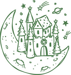 Obraz premium Naive christmas castle on crescent moon illustration