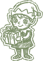 Obraz premium Christmas elf holding a wrapped gift in naive illustration style