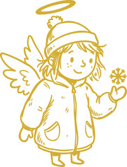 Obraz premium Naive winter angel line illustration with halo and snowflake