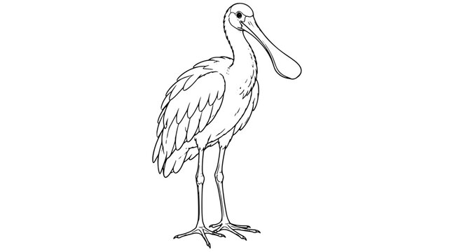 Line art illustration of a spoonbill bird standing with long legs, wide flattened spatula bill and folded wing feathers drawn with thin black outlines in centered side view exuding wetland elegance