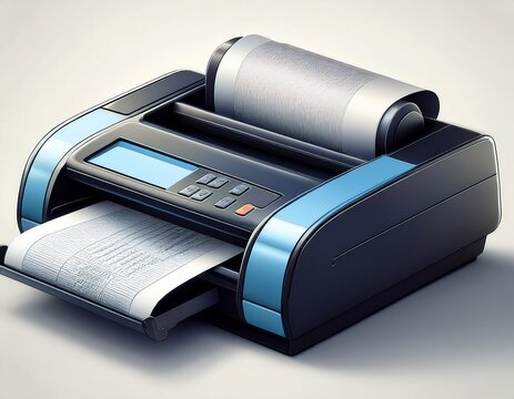 modern 3d render of a receipt printer with a printed paper roll isolated on white background