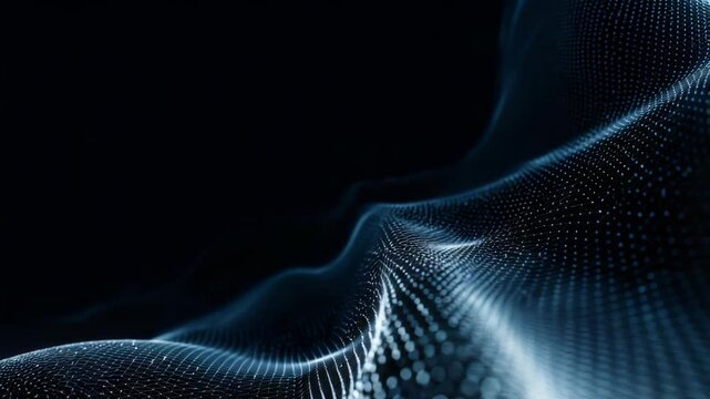 Abstract digital wave of glowing dots on a dark background, representing futuristic technology and data visualization. Dynamic lines and particles create a sense of movement and innovation