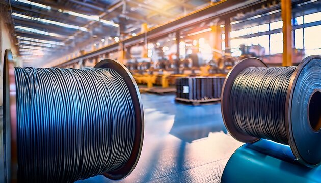 cable rolls in a bright factory with blurred production activity in the background