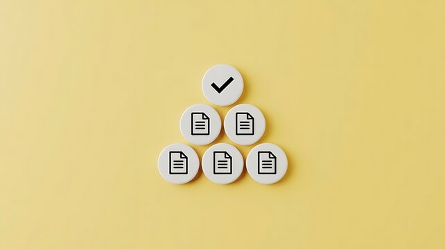 Business document approval and management concept with white round tokens and icons arranged in a pyramid shape on a vibrant yellow background