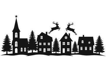 Christmas village silhouette with flying reindeer houses and fir trees on a winter landscape isolated on white © VaskorChandra