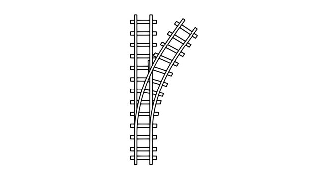 Black outline vector icon of a railway turnout with straight and diverging curved rails on sleepers, drawn with thin lines in vertical centered composition illustrating branching track geometry