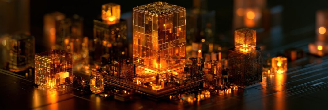 A wide view shows an abstract non-financial platform with amber financial functions in daily life apps on a dark background.