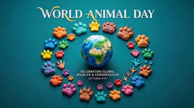 World Animal Day celebration banner, colorful paw prints surrounding earth globe, wildlife conservation and global animal welfare concept