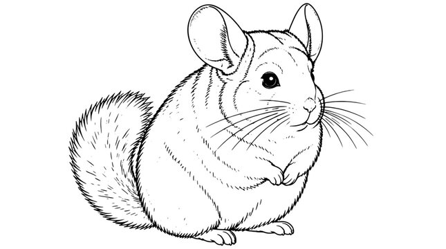 Detailed line art illustration of a fluffy chinchilla with rounded ears long whiskers dense fur texture and bushy tail rendered with fine black lines in side seated pose showing soft rodent charm