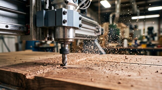 A CNC router milling machine carves into a wooden plank with flying sawdust particles. Ideal for industrial manufacturing and modern woodworking carpentry concepts.