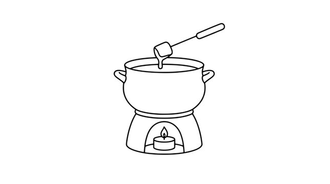 Black outline vector icon of a fondue pot on arched burner stand with lit tealight below and dripping dipper above drawn with thin neat lines in centered front composition with warm chocolate delight