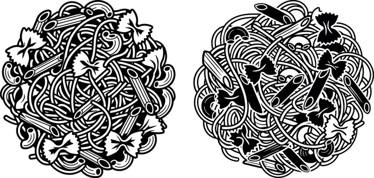 Set of two circular compositions with different types of pasta including spaghetti, penne, farfalle and macaroni, vector illustration