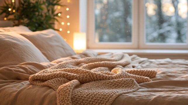 Cozy warm bedroom with knit blanket soft pillow and warm atmosphere