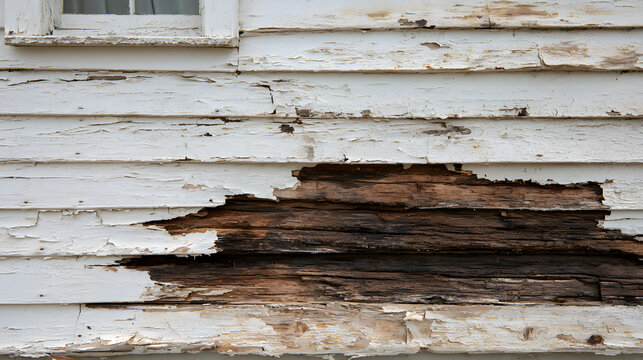 Severe damage on white wooden house siding with peeling paint and rot showing structural decay, weathered architectural surface texture background showing neglected building maintenance and decay prob