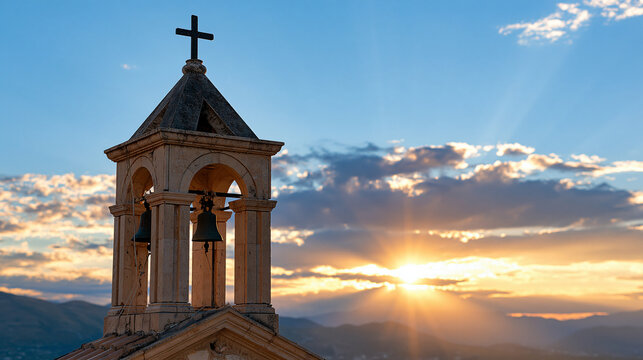 Historic church bell tower silhouetted against a dramatic golden sunset sky, Christian architecture, rural spirituality, pilgrimage destination, peaceful landscape, travel