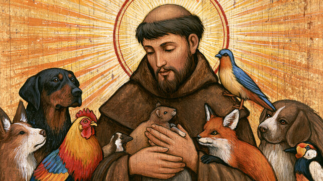 Traditional religious artwork portraying Saint Francis surrounded by animals and radiant warm light, sacred art, Christian spirituality, compassion, peace, historical religious