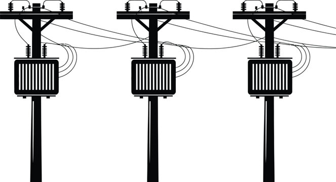Black silhouette of three utility poles with large electrical transformers and thick power lines connected between them on a white background
