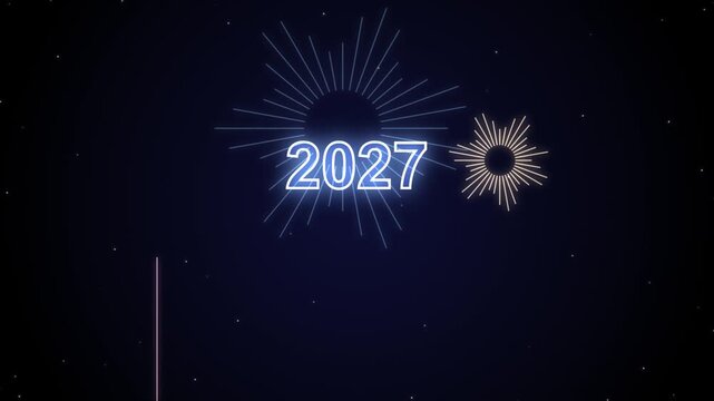 Happy new year 2027 neon glowing text celebration with dynamic firework display night background.
