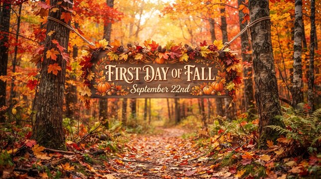 Wooden sign with text first day of fall september 22nd hanging on a tree in a beautiful forest with colorful autumn leaves and warm sunlight