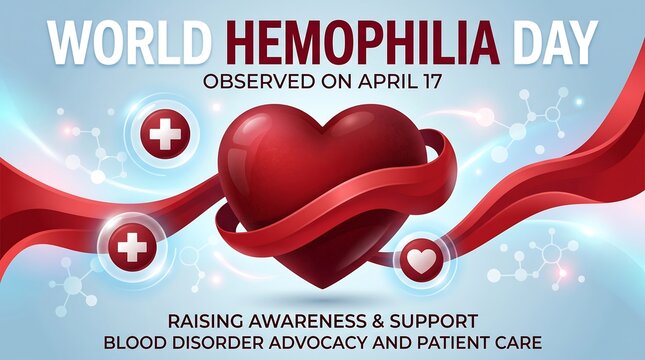 World Hemophilia Day banner with red heart and ribbon, blood disorder awareness and patient care concept, medical advocacy graphic on blue background