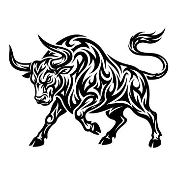 Black tribal bull silhouette illustration with aggressive posture masculine aggressive strength monochrome isolated charging